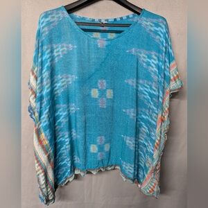 Turquoise Boho Knit Poncho Top with Multicolor Stripes Size Small (Fits Large)